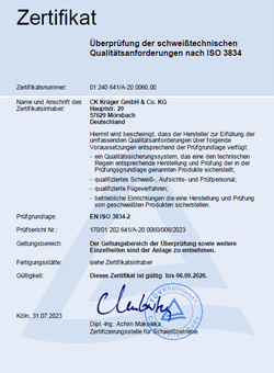 CK Krüger - Zertifikat nach EN ISO 3834-2