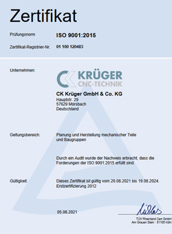 CK Krüger - Zertifikat ISO 9001:2015